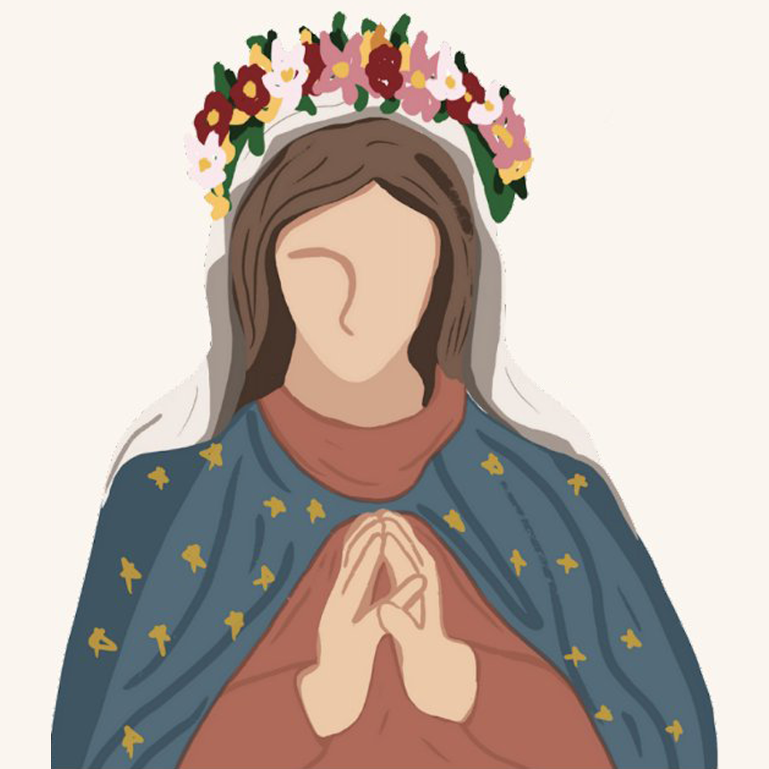 Ilustración de la Virgen María con corona de flores